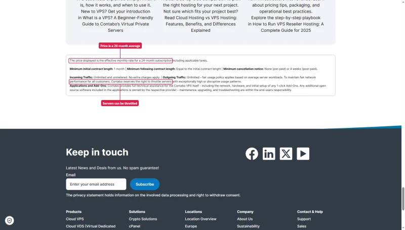 Contabo small print: price is the effective monthly rate for a 24-month subscription; right to throttle servers