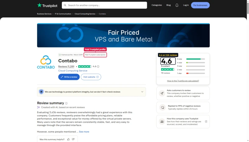 Contabo on Trustpilot: 4.6 from 11,289 reviews, claimed profile since March 2019, paid Trustpilot subscription