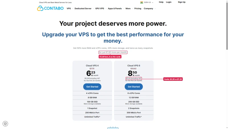 Contabo upsell page: 50% more RAM and 33% more storage for just €1.60 more per month, over cards priced in dollars