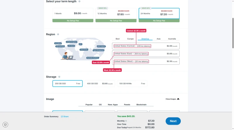 Contabo configurator regions: United States Central $2.00, East $3.00, West $2.50 a month; Europe free