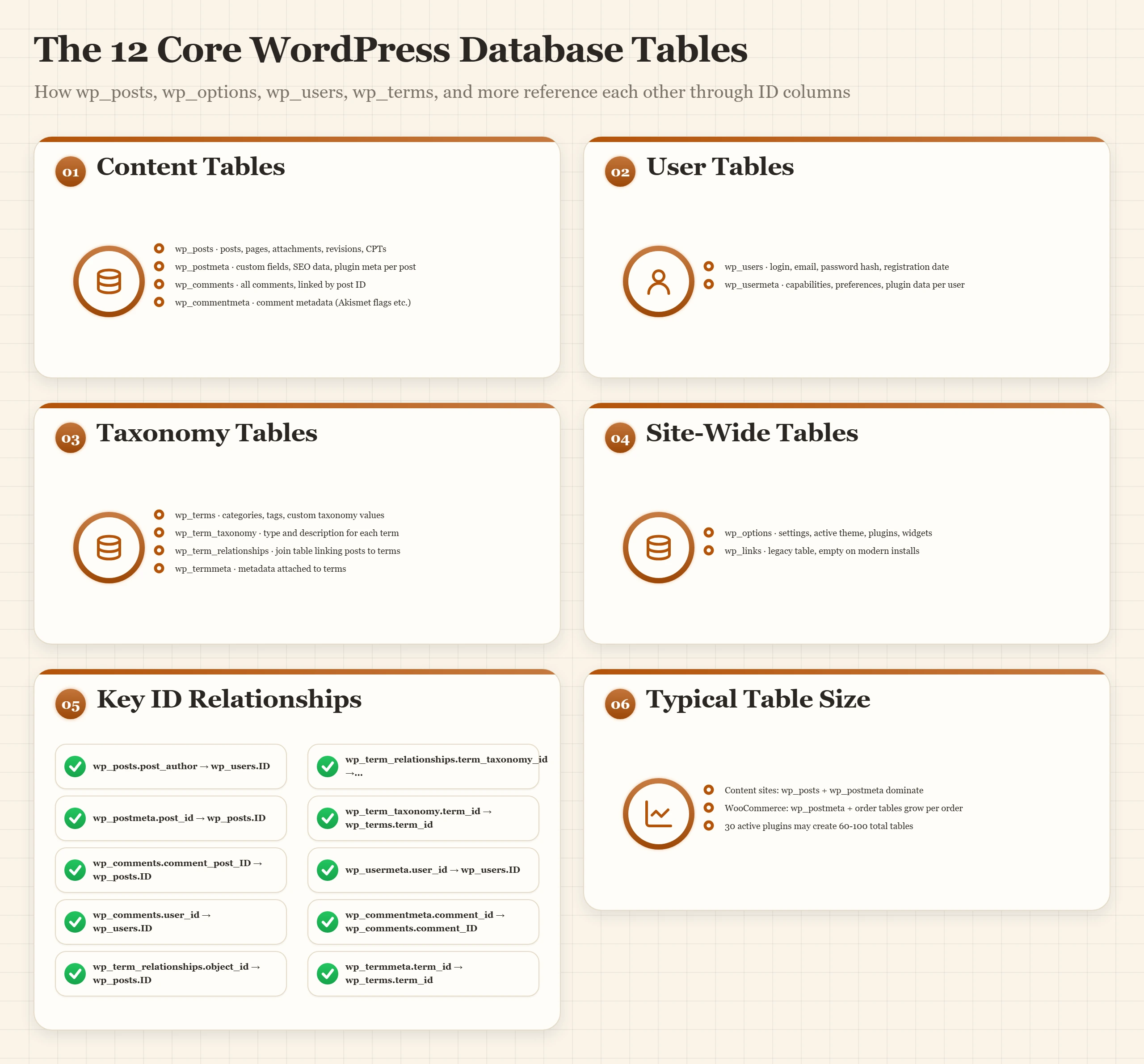 Core WordPress tables: wp_posts, wp_options, wp_users, wp_postmeta, wp_terms, and more, linked by ID columns