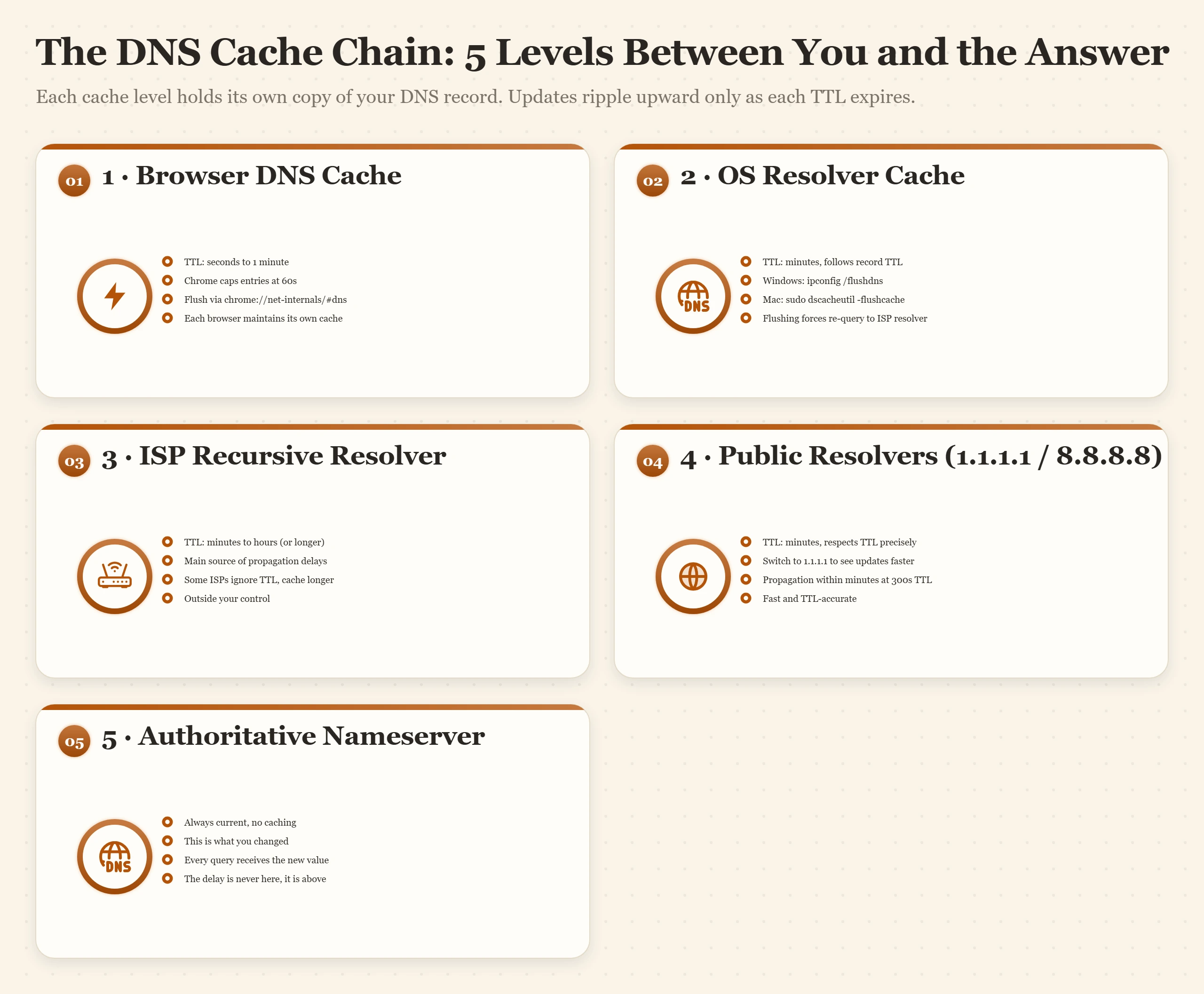 Diagram of five DNS cache levels from browser to authoritative nameserver, each with its own TTL rules.