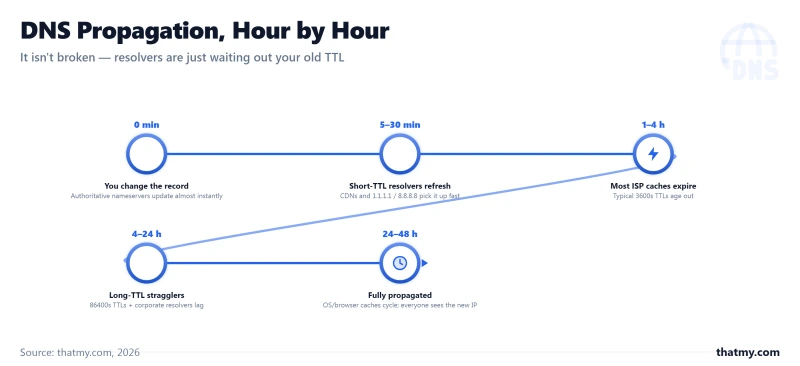 DNS propagation timeline from instant authoritative update to 48-hour cache expiry worldwide