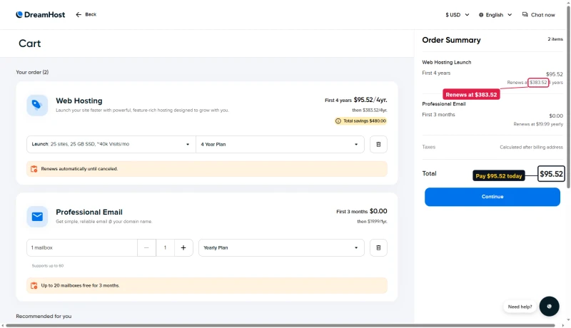 DreamHost cart, Launch 4 years: $95.52 due today, renews at $383.52 every 4 years