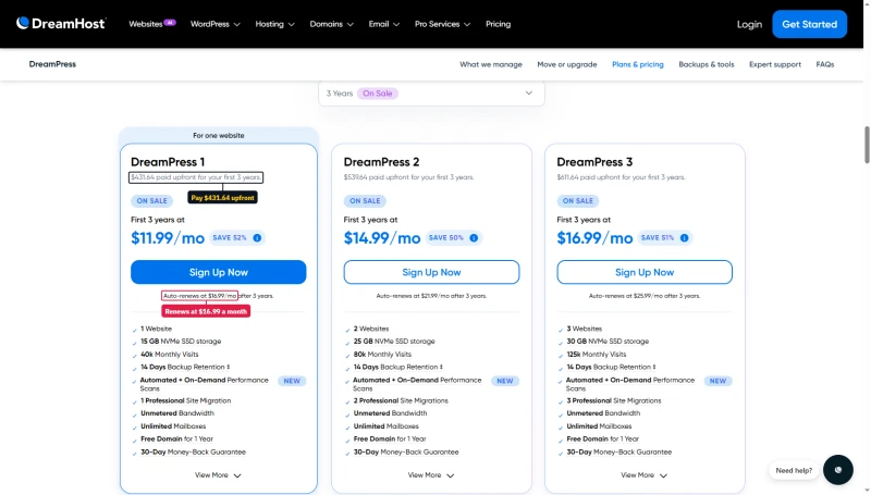 DreamPress cards, 3 Years: DreamPress 1 $11.99 a month, $431.64 paid upfront, auto-renews at $16.99
