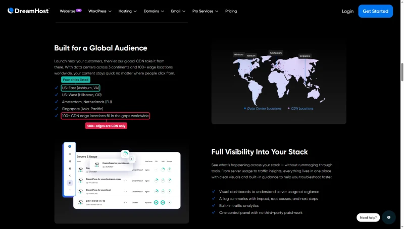 DreamHost homepage, Built for a Global Audience: Ashburn, Hillsboro, Amsterdam, Singapore, plus 100+ CDN edge locations