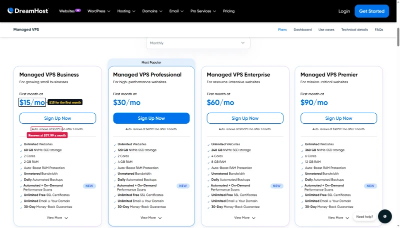 DreamHost Managed VPS cards, Monthly: Business $15 for the first month, auto-renews at $37.99; up to Premier at $90