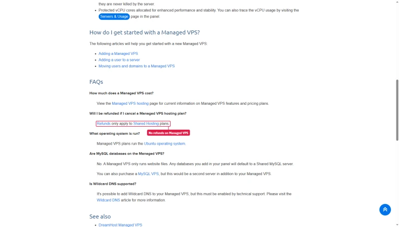 DreamHost Managed VPS help article FAQ: refunds only apply to Shared Hosting plans