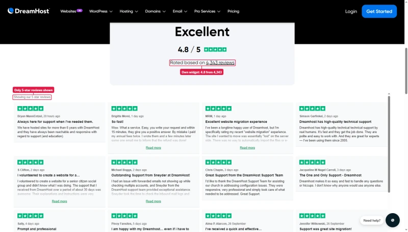 DreamHost reviews page: Excellent 4.8 out of 5, rated on 4,343 reviews, showing 5-star reviews only