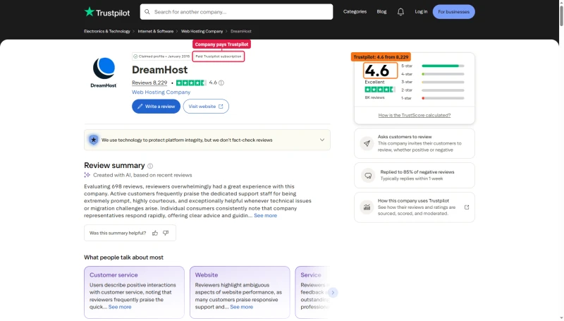 Trustpilot DreamHost profile: 4.6 TrustScore from 8,229 reviews, claimed profile, paid Trustpilot subscription