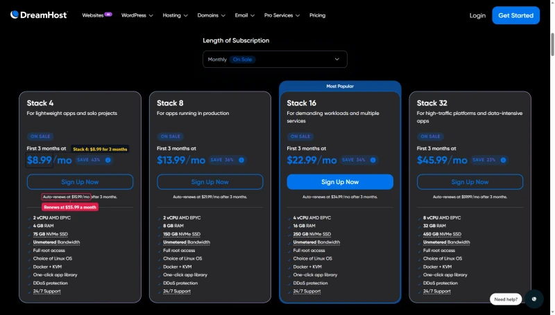 DreamHost VPS cards, Monthly: Stack 4 $8.99 for 3 months, renews at $15.99; Stack 8, 16 and 32 beside it