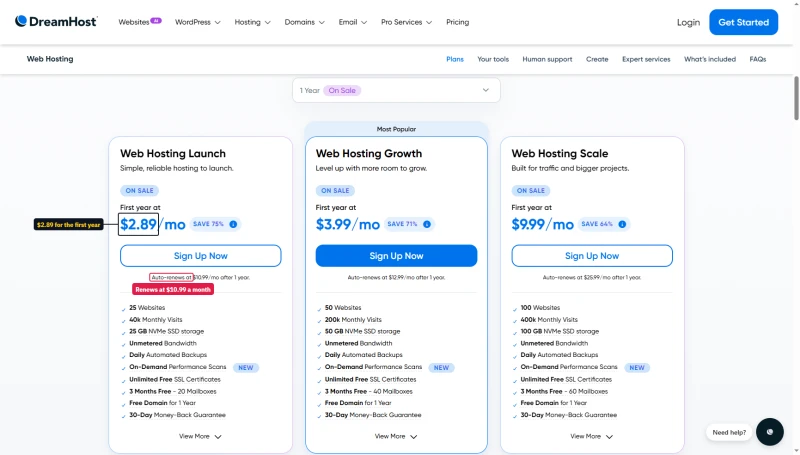 DreamHost Web Hosting cards, 1 Year: Launch $2.89, Growth $3.99, Scale $9.99 a month, renewing at $10.99, $12.99, $25.99