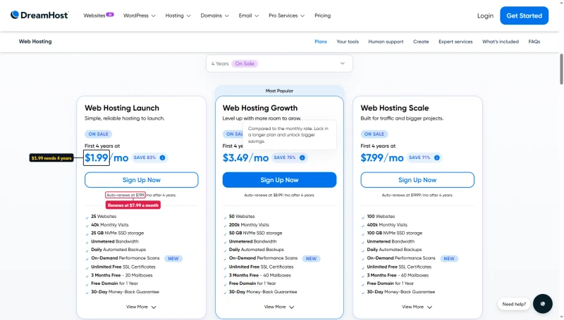 DreamHost Web Hosting cards, 4 Years: Launch $1.99 a month for the first 4 years, auto-renews at $7.99