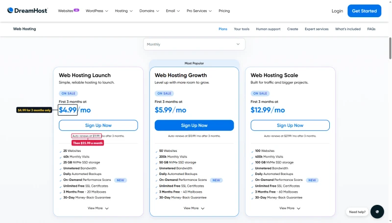 DreamHost Web Hosting cards, Monthly: Launch $4.99 for the first 3 months, then $11.99; no free domain line