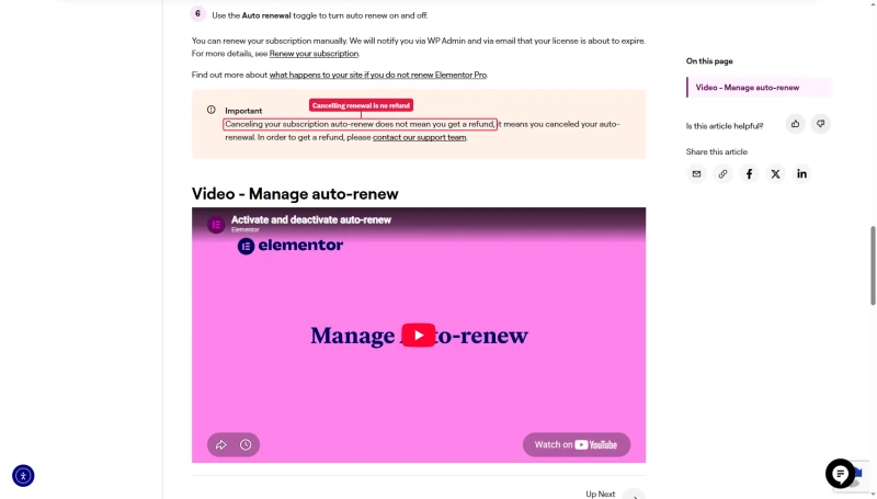 Elementor help article: cancelling auto-renew does not mean you get a refund; contact support for one