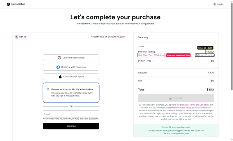 Elementor checkout summary: Host Cloud Plus, 1 website, $25 a month x 12 months, $300 a year, free domain, VAT $0