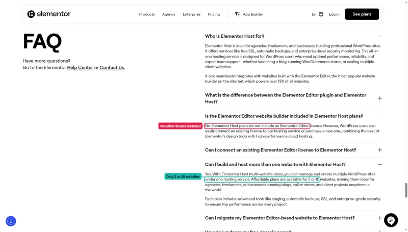 Elementor Host FAQ: Elementor Host plans do not include an Elementor Editor license; multi-site plans for 3 or 10 websites
