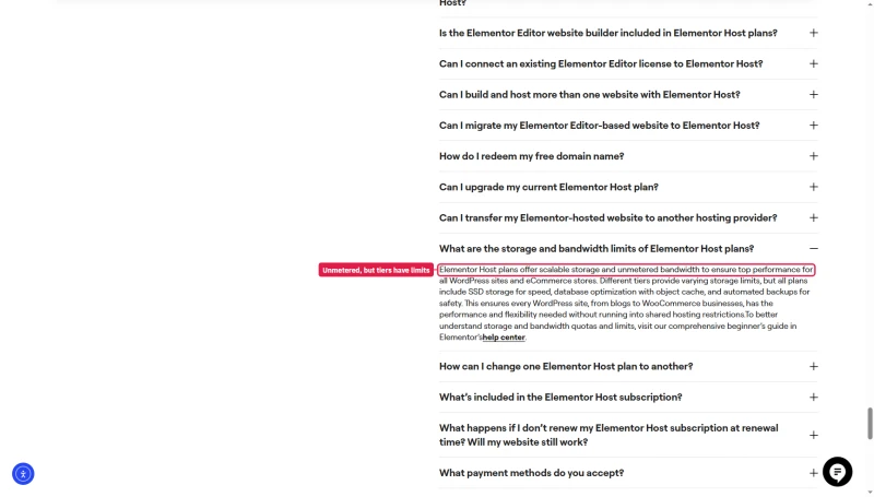 Elementor Host FAQ: plans offer scalable storage and unmetered bandwidth for all WordPress sites