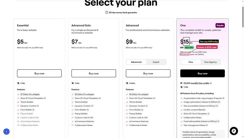 Elementor builder plans: Essential $5, Advanced Solo $7, Advanced $9 a month; One $15, $180 today, renews at $228 a year
