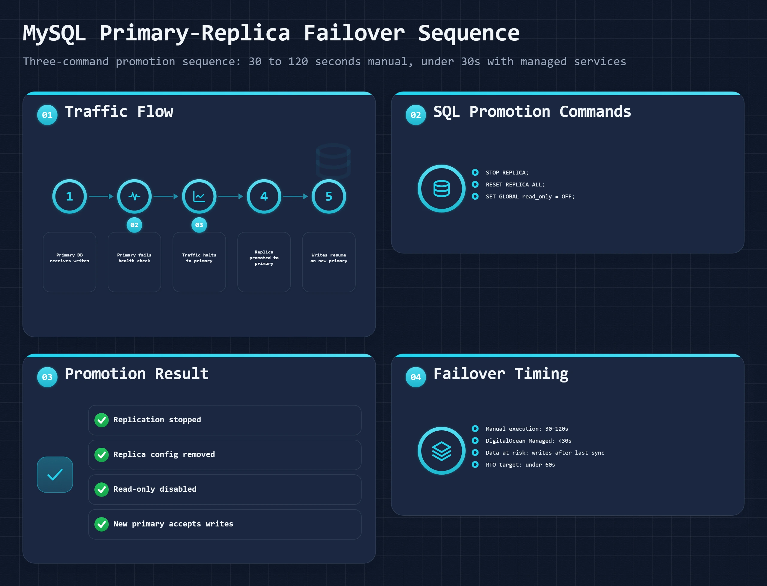 Bento dashboard showing MySQL primary-replica failover: traffic flow, SQL commands, promotion result, and timing metric
