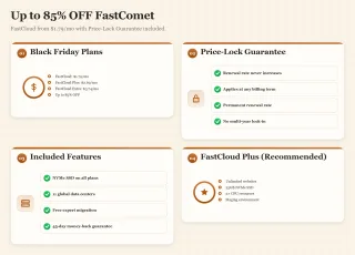 Bento dashboard highlighting FastComet Black Friday deals, pricing, and Price-Lock Guarantee.