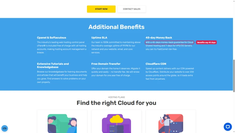 FastComet Additional Benefits: 45-days money-back guarantee for Cloud Shared Hosting and 7 days for VPS/DS servers