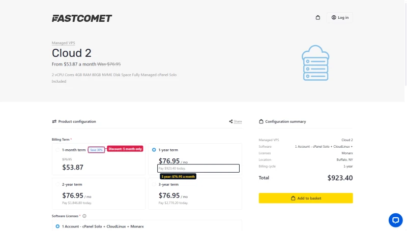FastComet Cloud 2 cart: 1-month $53.87 (save 30%), 1-year $76.95 a month preselected, total $923.40