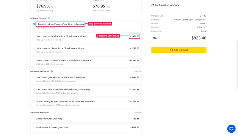FastComet Cloud 2 licences: 1 cPanel account included; 5 accounts +$479.88, 30 +$743.88, 100 +$1,043.88
