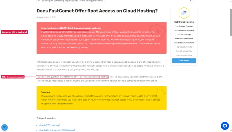 FastComet KB update: no longer offers root or sudo access on managed cloud VPS or dedicated servers
