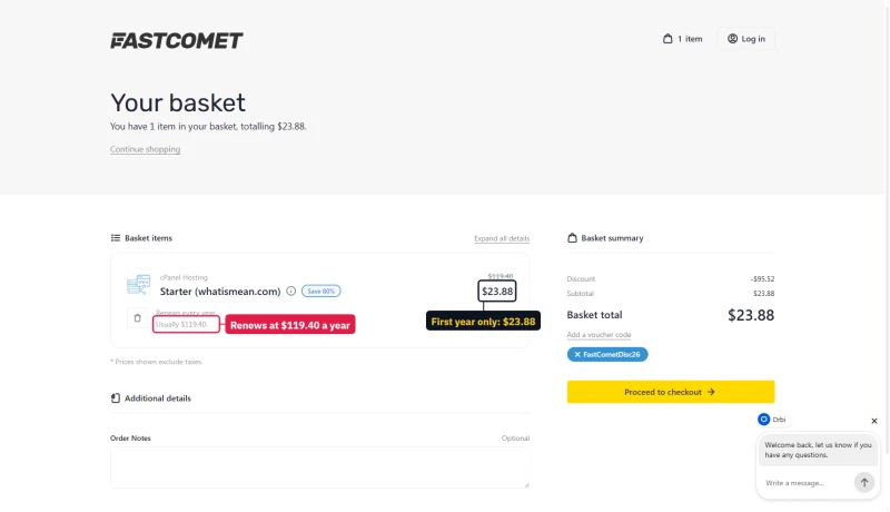 FastComet basket: Starter $23.88 for the first year, usually $119.40, renews every year
