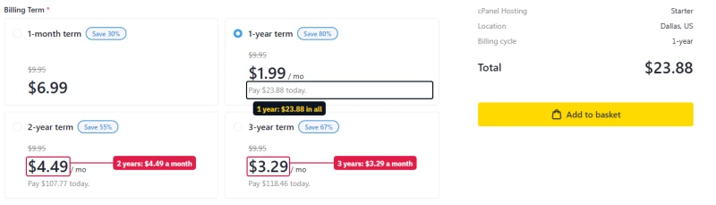 FastComet Starter cart terms: 1 month $6.99, 1 year $1.99 ($23.88), 2 years $4.49, 3 years $3.29 a month