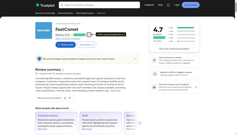 FastComet Trustpilot profile: TrustScore 4.7, Excellent, 3,976 reviews