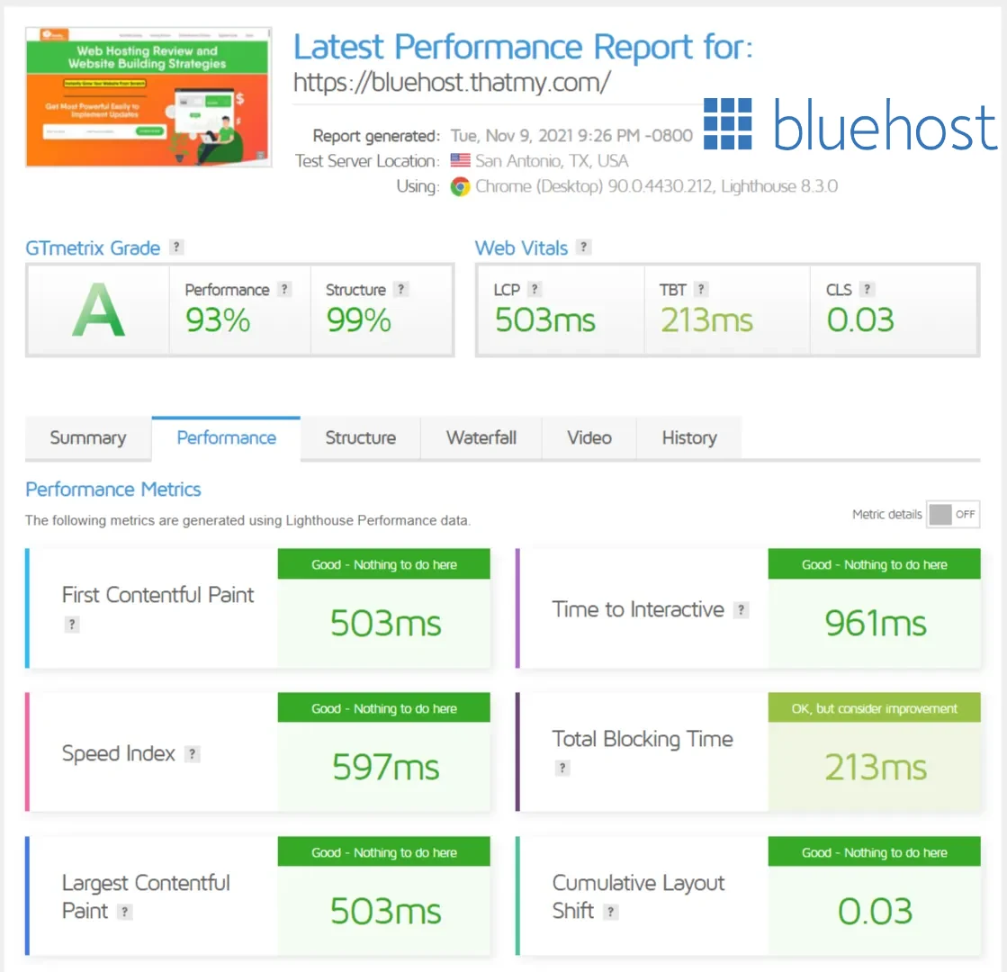 bluehost page speed test