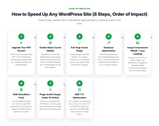 How to Speed Up Any WordPress Site (8 Steps, Order of Impact) — These 8 steps address 95% of WordPress speed problems. Implement them in this order.