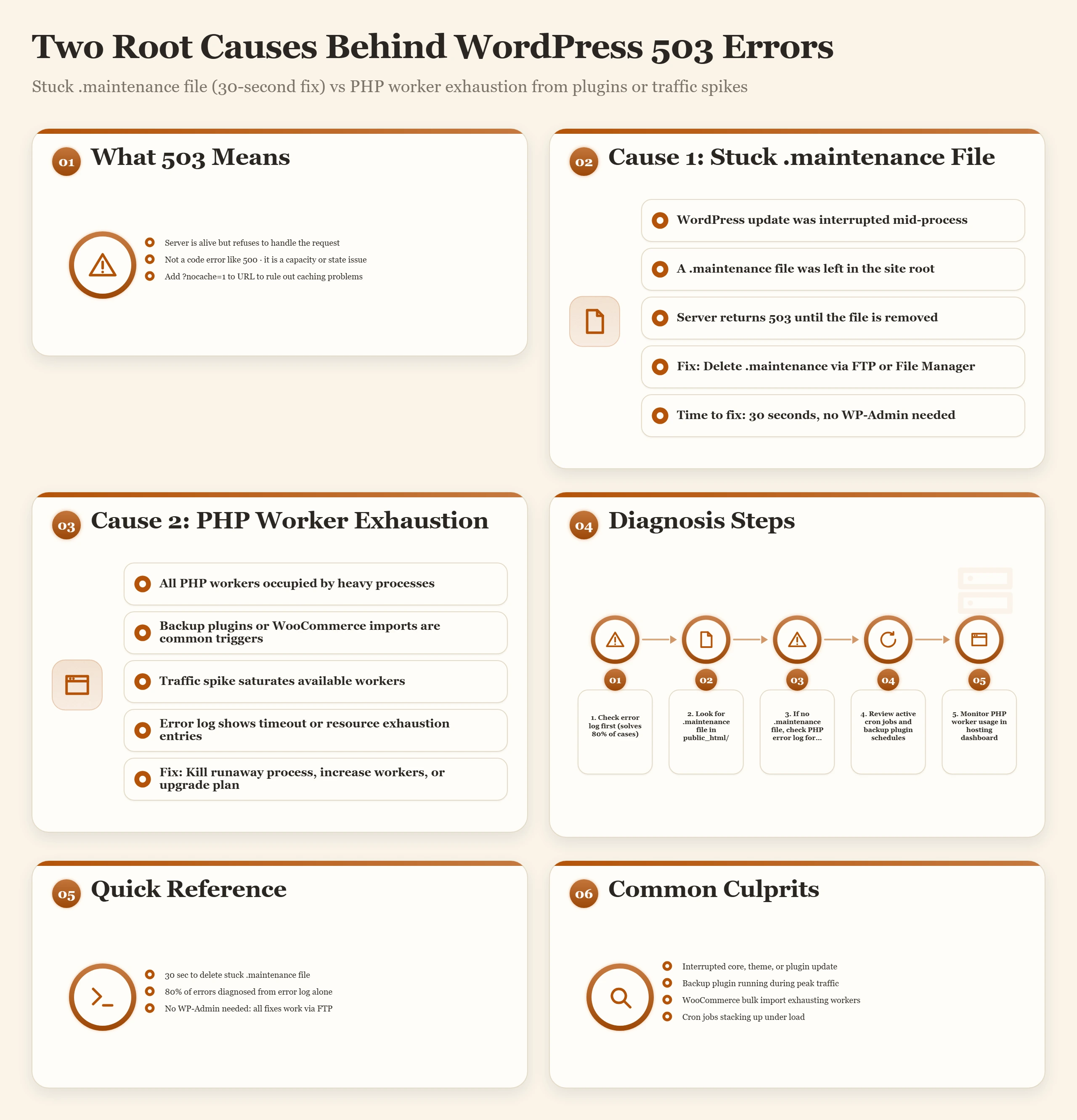 Two main causes of WordPress 503 errors: a stuck .maintenance file (30-second fix) or PHP worker exhaustion from heavy