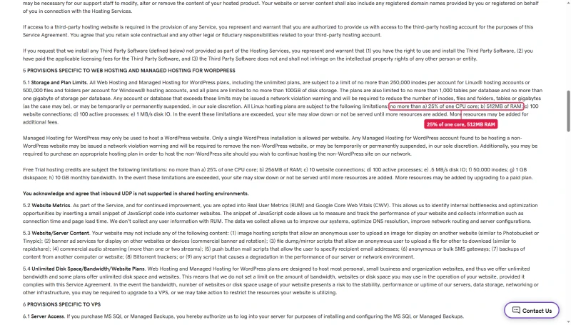 GoDaddy hosting agreement section 5: all Linux hosting plans limited to 25% of one CPU core and 512MB of RAM