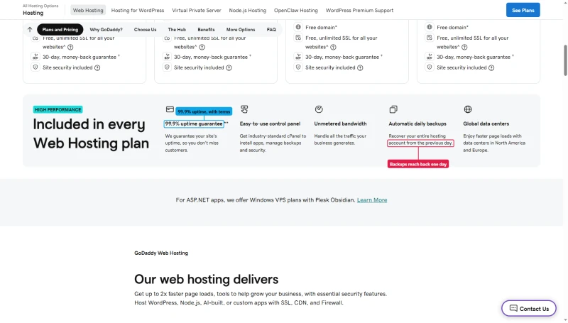 GoDaddy Web Hosting strip: 99.9% uptime guarantee; daily backups recover the account from the previous day