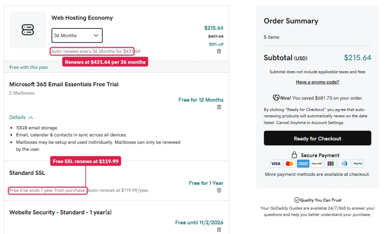 GoDaddy cart, Economy 36 months: $215.64, renews $431.64; free SSL auto-renews at $119.99 a year; Website Security free