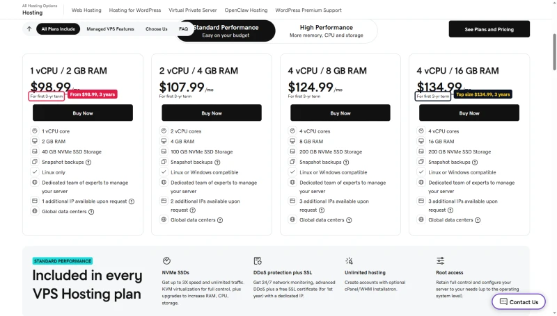 GoDaddy Fully Managed VPS cards: $98.99 to $134.99 a month for the first 3-yr term, no list price shown