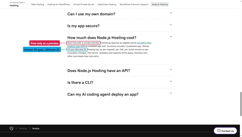 GoDaddy Node.js FAQ: start free as a private preview; publishing needs Web Hosting, Economy 1 app, Deluxe 10, Ultimate 25