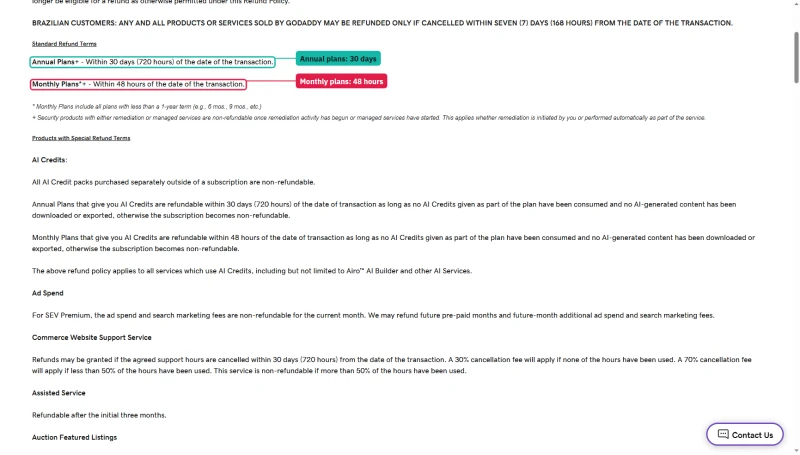 GoDaddy refund policy, standard terms: annual plans within 30 days (720 hours), monthly plans within 48 hours