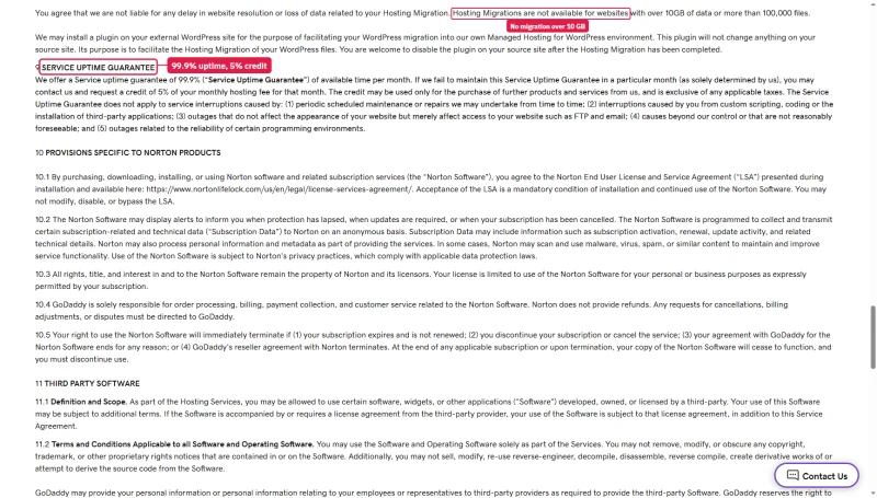 GoDaddy hosting agreement: 99.9% uptime guarantee, 5% monthly credit on request; no migrations over 10GB of data