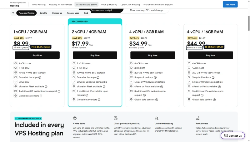 GoDaddy VPS cards, 3-yr term: 1 vCPU 2GB $8.99, 2 vCPU 4GB $17.99, 4 vCPU 8GB $34.99, 4 vCPU 16GB $44.99