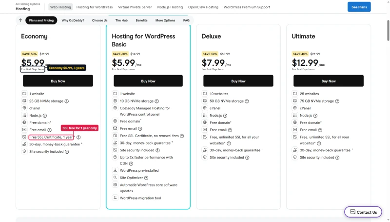 GoDaddy Web Hosting cards: Economy $5.99, WordPress Basic $5.99, Deluxe $7.99, Ultimate $12.99 for a 3-yr term; SSL 1 year