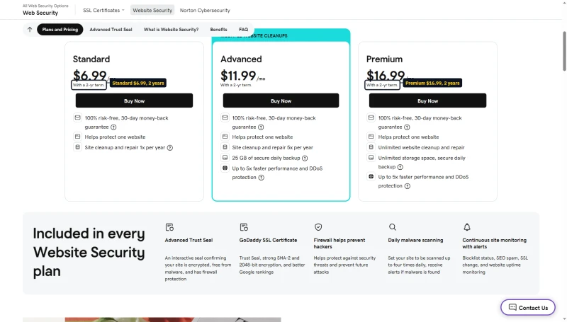 GoDaddy Website Security plans on a 2-year term: Standard $6.99, Advanced $11.99, Premium $16.99 a month