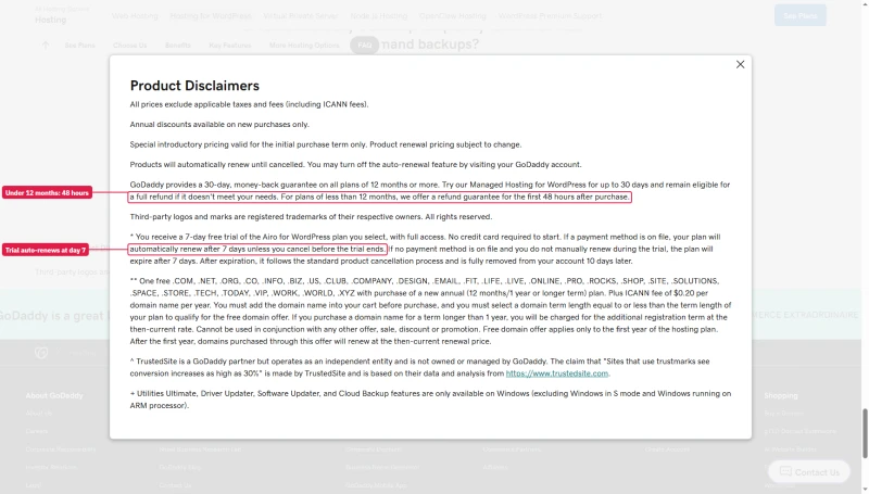 GoDaddy WordPress disclaimers: 30-day refund on 12 months or more, 48 hours on shorter plans; trial auto-renews after 7 days