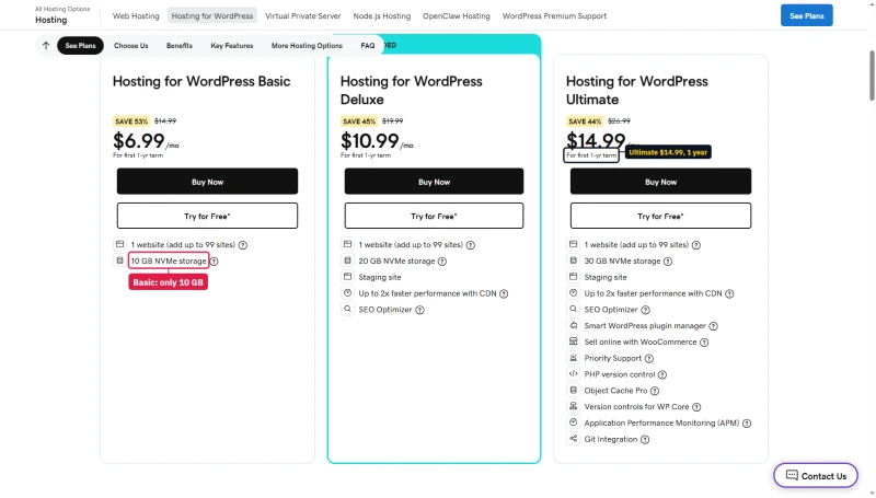 GoDaddy Hosting for WordPress cards, 1-yr term: Basic $6.99 with 10 GB, Deluxe $10.99, Ultimate $14.99 with 30 GB