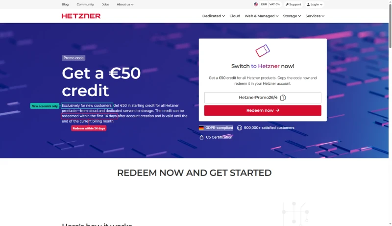 Hetzner promo page: a €50 credit, exclusively for new customers, redeemed within 14 days, valid to the end of the month