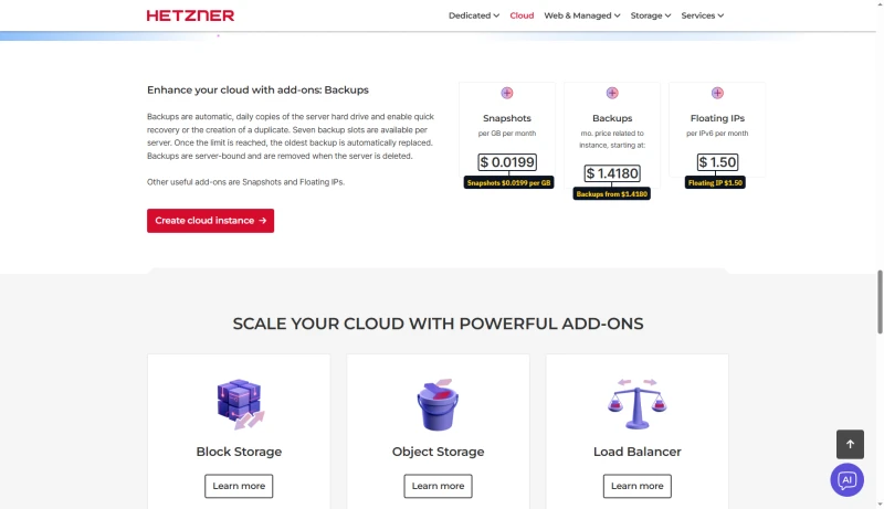 Hetzner add-ons box: snapshots $0.0199 per GB, backups from $1.4180 a month, floating IPv6 $1.50, seven backup slots