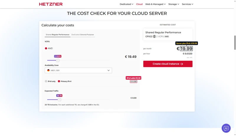 Hetzner cost calculator, CPX22 in Nuremberg: €19.49 server plus €0.50 IPv4, €19.99 a month excl. VAT